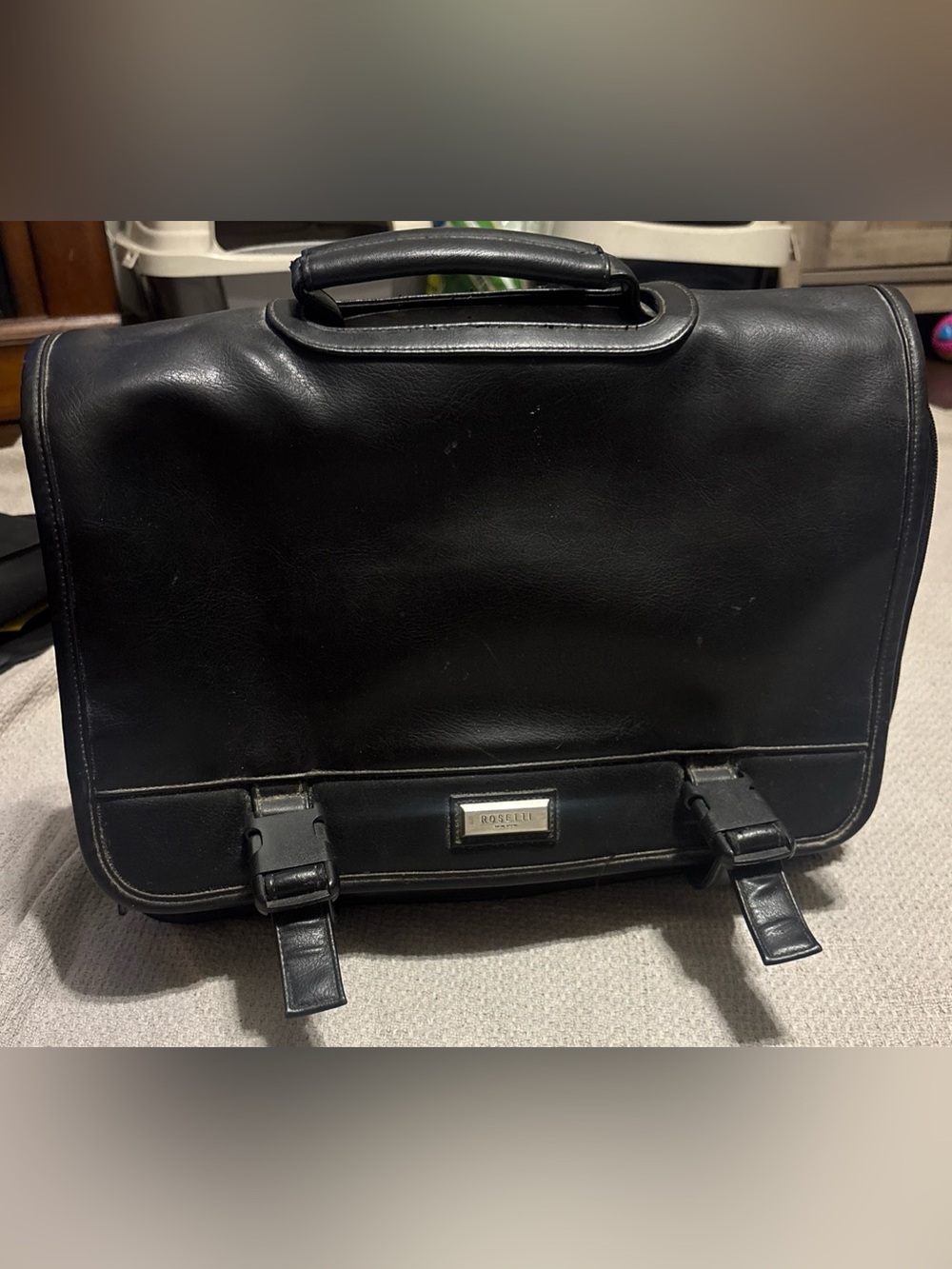 Rosetti Black Leather Messenger Briefcase with Buckle Accents